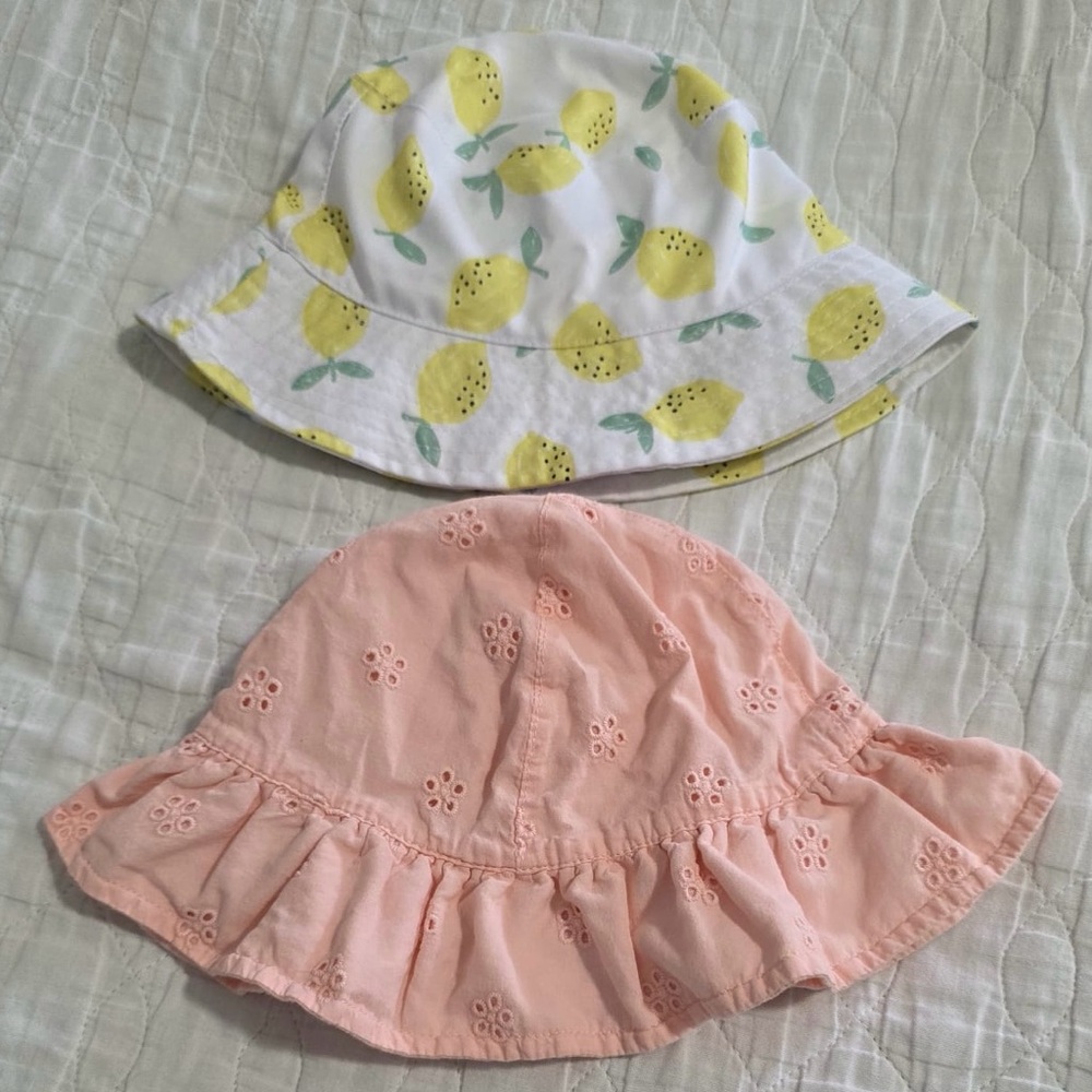 Lemon Print and Pink Eyelet Baby Sun Hats